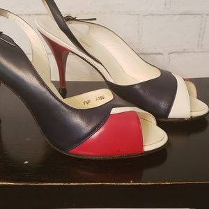 Frank Moore 7.5 red white and blue slingback pumps